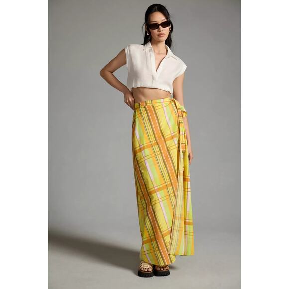 New Anthropologie S/W/F Tie-Up Wrap Skirt SMALL US SIZE 4 Orange/Yellow Plaid - Picture 1 of 8